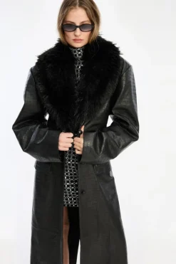 Outerwear-ROTATE Birger Christensen Leather Coat Faux Fur Collar Black Black color