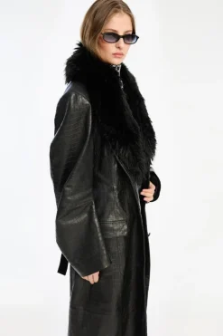 Outerwear-ROTATE Birger Christensen Leather Coat Faux Fur Collar Black Black color