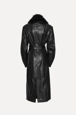 Outerwear-ROTATE Birger Christensen Leather Coat Faux Fur Collar Black Black color