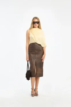 Skirts-ROTATE Birger Christensen Leather Midi Pencil Skirt Dark Brown Potting Soil color