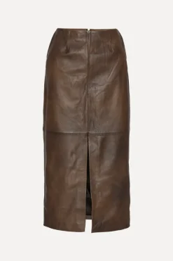 Skirts-ROTATE Birger Christensen Leather Midi Pencil Skirt Dark Brown Potting Soil color