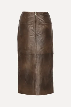 Skirts-ROTATE Birger Christensen Leather Midi Pencil Skirt Dark Brown Potting Soil color