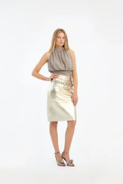 Skirts-ROTATE Birger Christensen Leather Midi Pencil Skirt Gold Gold color