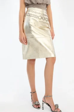 Skirts-ROTATE Birger Christensen Leather Midi Pencil Skirt Gold Gold color