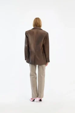 Outerwear-ROTATE Birger Christensen Leather Oversized Blazer Dark Brown Potting Soil color