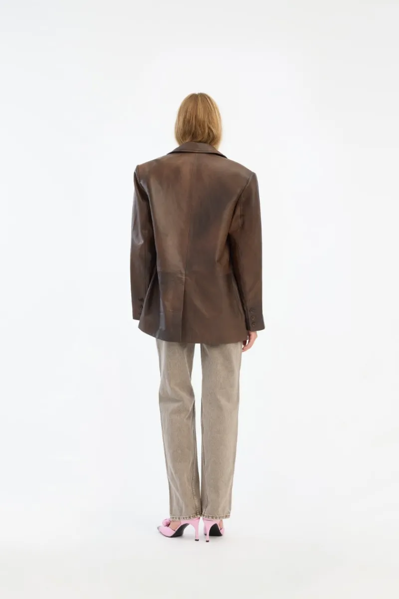Outerwear-ROTATE Birger Christensen Leather Oversized Blazer Dark Brown Potting Soil color