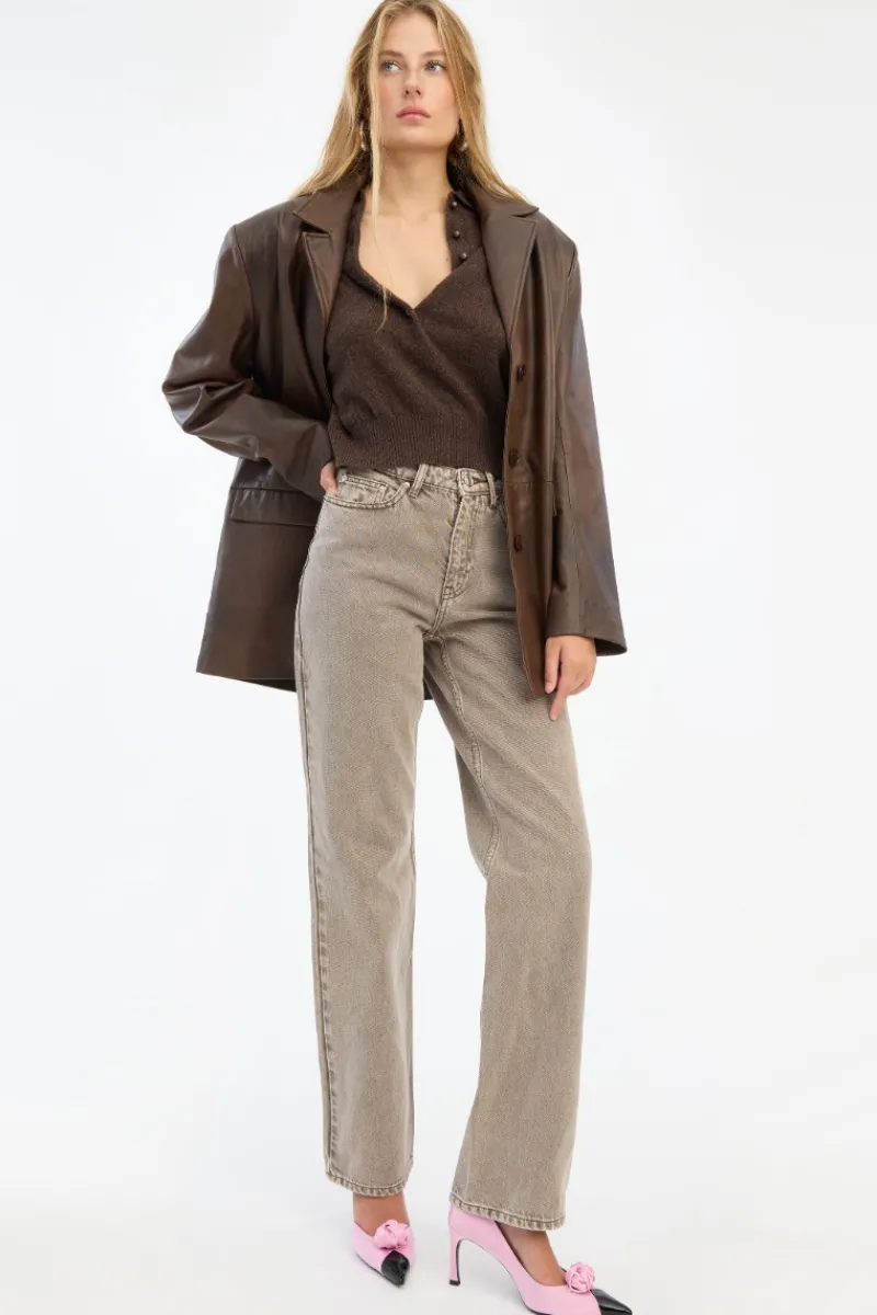 Outerwear-ROTATE Birger Christensen Leather Oversized Blazer Dark Brown Potting Soil color