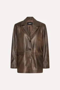 Outerwear-ROTATE Birger Christensen Leather Oversized Blazer Dark Brown Potting Soil color