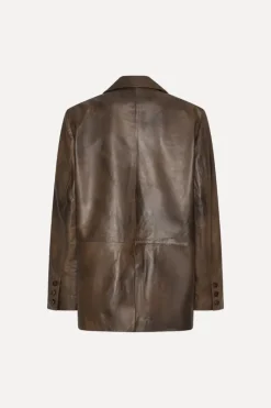 Outerwear-ROTATE Birger Christensen Leather Oversized Blazer Dark Brown Potting Soil color