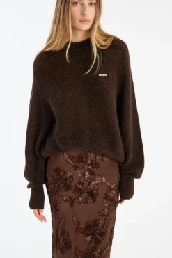 Knitwear|Tops-ROTATE Birger Christensen Light Knit Logo Sweater Dark Brown CHICORY COFFEE color