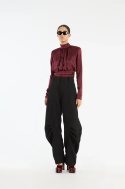 Tops-ROTATE Birger Christensen Ls Ruched Silk Top Burgundy Zinfandelcolor