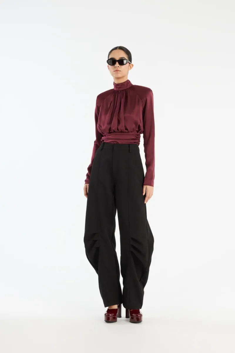 Tops-ROTATE Birger Christensen Ls Ruched Silk Top Burgundy Zinfandelcolor