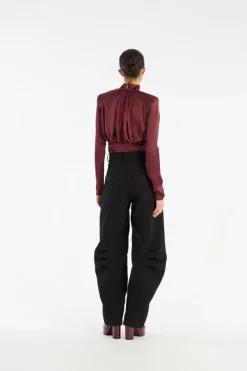 Tops-ROTATE Birger Christensen Ls Ruched Silk Top Burgundy Zinfandelcolor