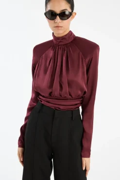 Tops-ROTATE Birger Christensen Ls Ruched Silk Top Burgundy Zinfandelcolor