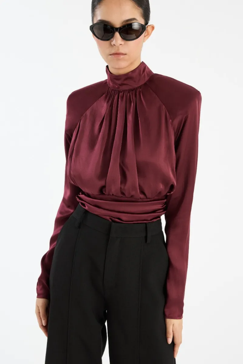 Tops-ROTATE Birger Christensen Ls Ruched Silk Top Burgundy Zinfandelcolor