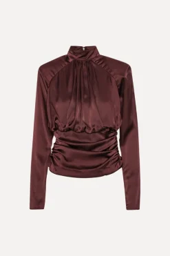 Tops-ROTATE Birger Christensen Ls Ruched Silk Top Burgundy Zinfandelcolor
