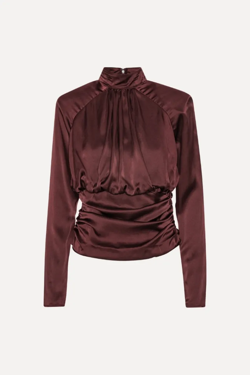 Tops-ROTATE Birger Christensen Ls Ruched Silk Top Burgundy Zinfandelcolor