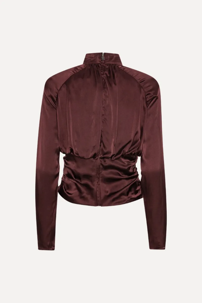 Tops-ROTATE Birger Christensen Ls Ruched Silk Top Burgundy Zinfandelcolor