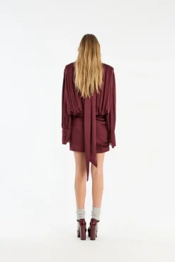 Mini Dresses|Dresses-ROTATE Birger Christensen Ls Silk V-neck Dress Burgundy Zinfandelcolor