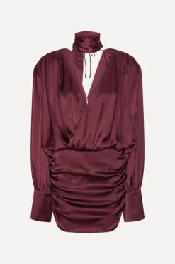 Mini Dresses|Dresses-ROTATE Birger Christensen Ls Silk V-neck Dress Burgundy Zinfandelcolor