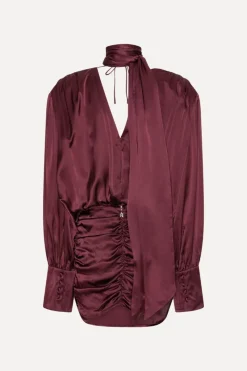 Mini Dresses|Dresses-ROTATE Birger Christensen Ls Silk V-neck Dress Burgundy Zinfandelcolor