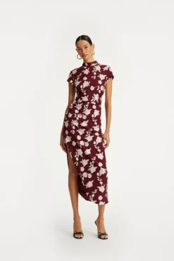 Midi Dresses|Dresses-ROTATE Birger Christensen Mesh Asymmetric Dress Bordeaux Flower Print Zinfandel Comb.color