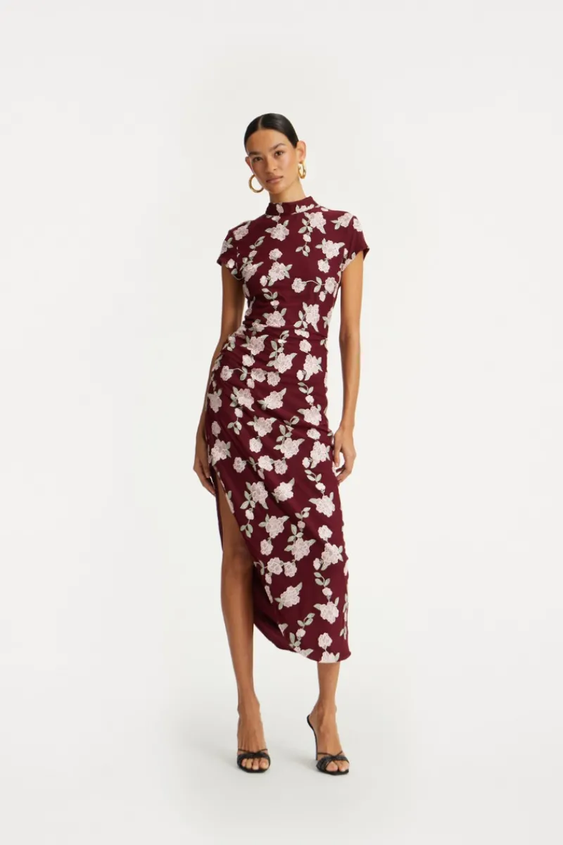 Midi Dresses|Dresses-ROTATE Birger Christensen Mesh Asymmetric Dress Bordeaux Flower Print Zinfandel Comb.color