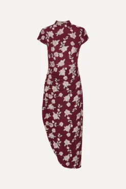 Midi Dresses|Dresses-ROTATE Birger Christensen Mesh Asymmetric Dress Bordeaux Flower Print Zinfandel Comb.color
