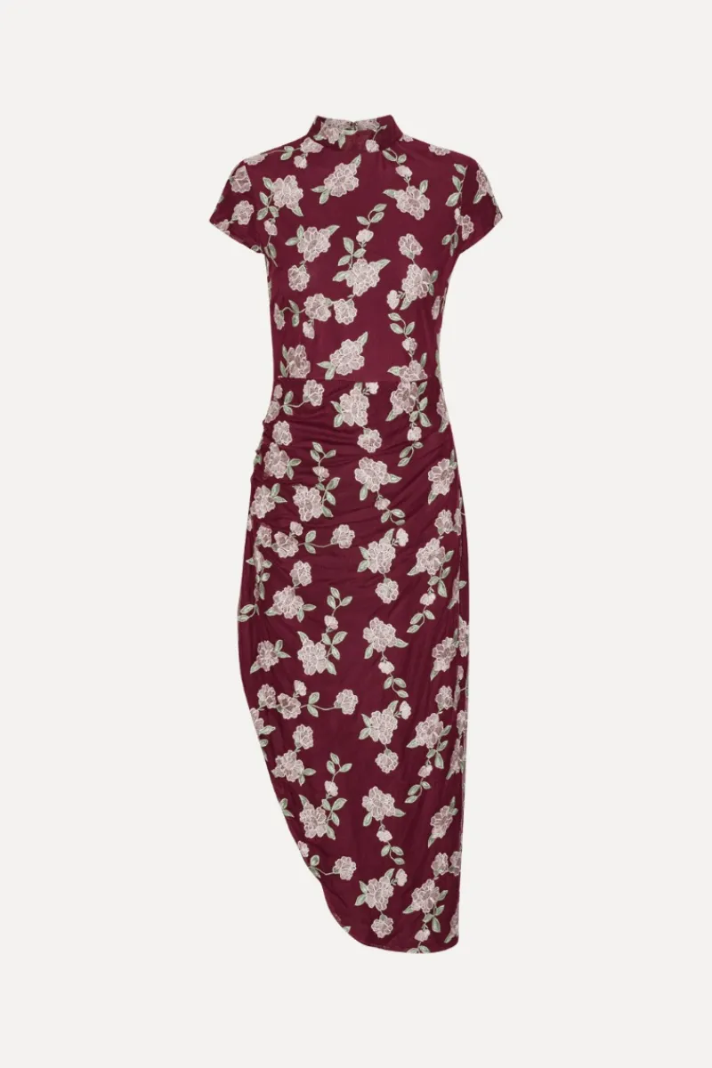 Midi Dresses|Dresses-ROTATE Birger Christensen Mesh Asymmetric Dress Bordeaux Flower Print Zinfandel Comb.color