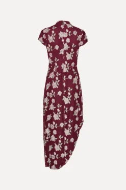 Midi Dresses|Dresses-ROTATE Birger Christensen Mesh Asymmetric Dress Bordeaux Flower Print Zinfandel Comb.color