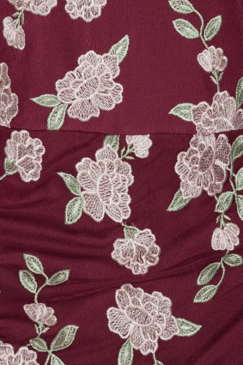 Midi Dresses|Dresses-ROTATE Birger Christensen Mesh Asymmetric Dress Bordeaux Flower Print Zinfandel Comb.color