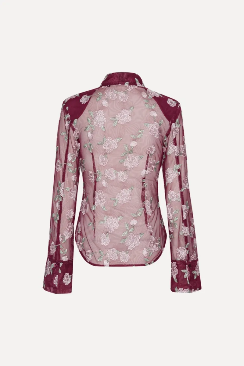 Tops-ROTATE Birger Christensen Mesh Fitted Shirt Bordeaux Flower Print Zinfandel Comb.color