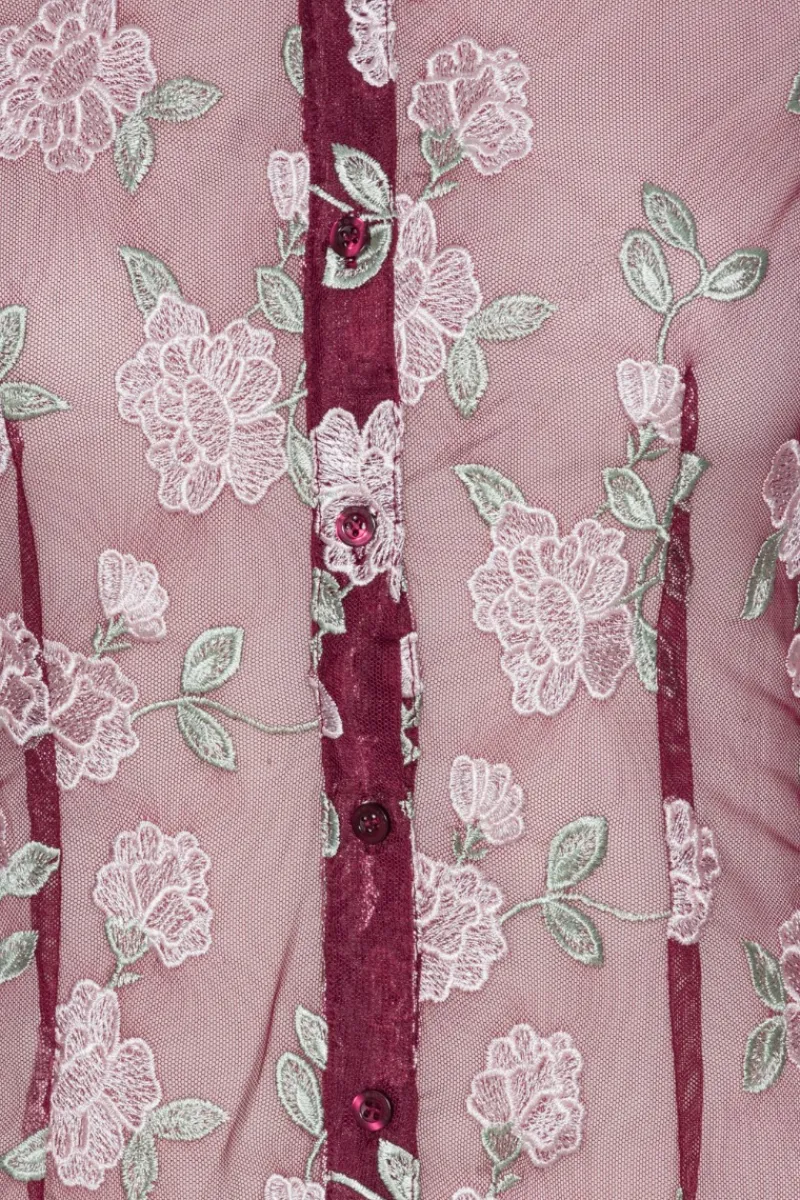 Tops-ROTATE Birger Christensen Mesh Fitted Shirt Bordeaux Flower Print Zinfandel Comb.color