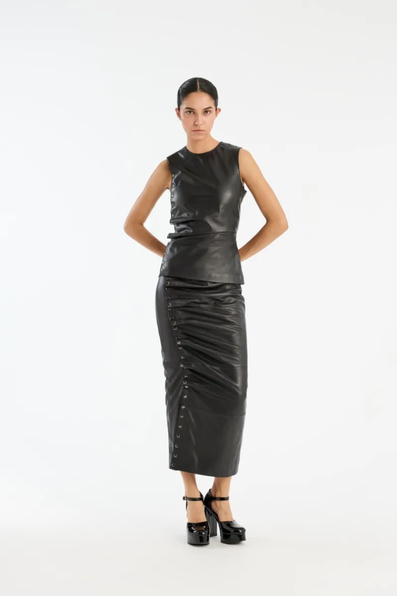Skirts-ROTATE Birger Christensen Midi Leather Skirt Black Black color