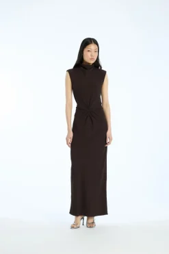 Midi Dresses|Dresses-ROTATE Birger Christensen Mididress W. Gatherings Dark Brown Molé color
