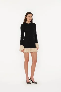 Mini Dresses|Dresses-ROTATE Birger Christensen Mini Ruched Ls Dress Black 1000 Black Comb. color