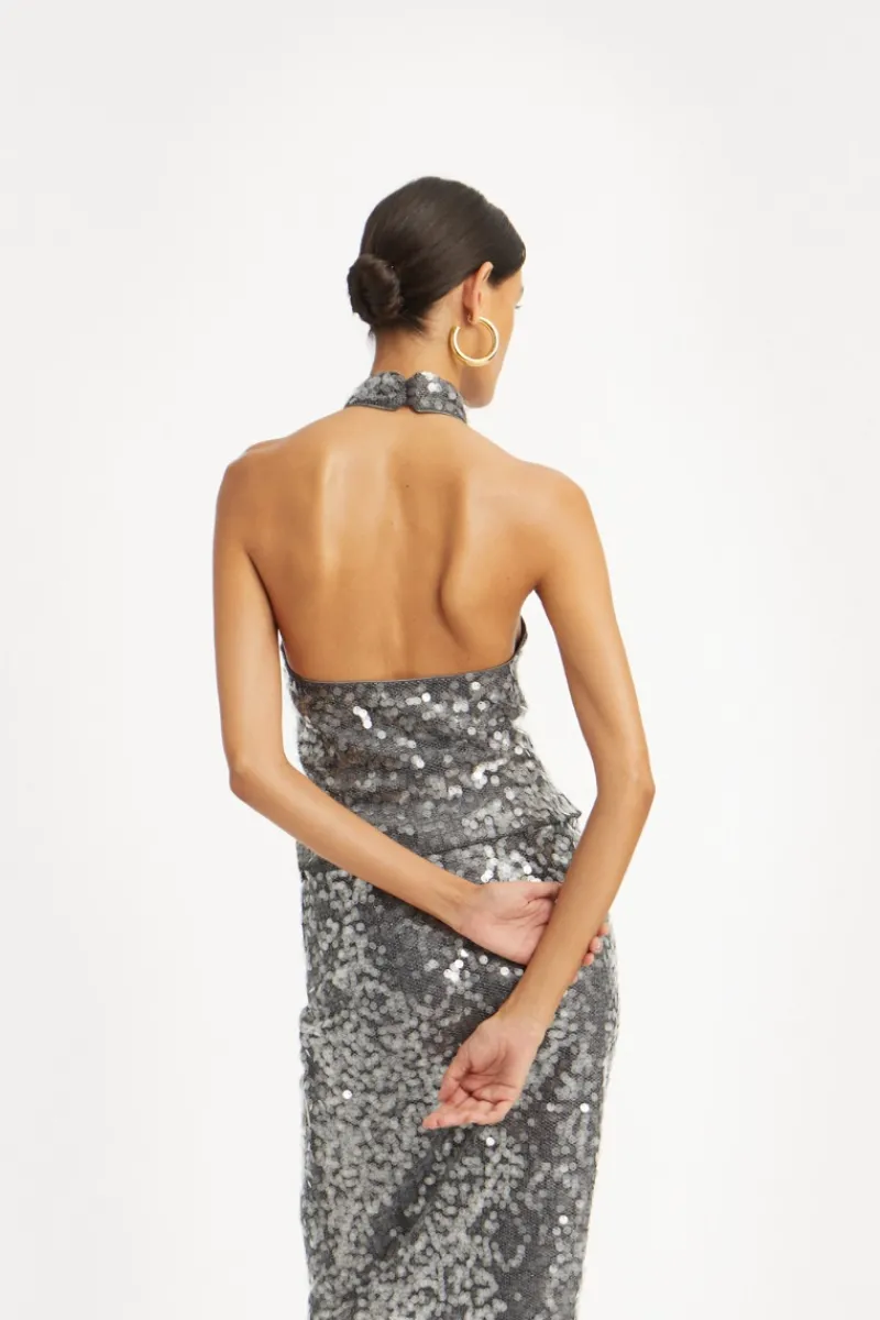 Tops-ROTATE Birger Christensen Net Sequin Halterneck Dark Grey BlackenedPearl (Dark Gray) color