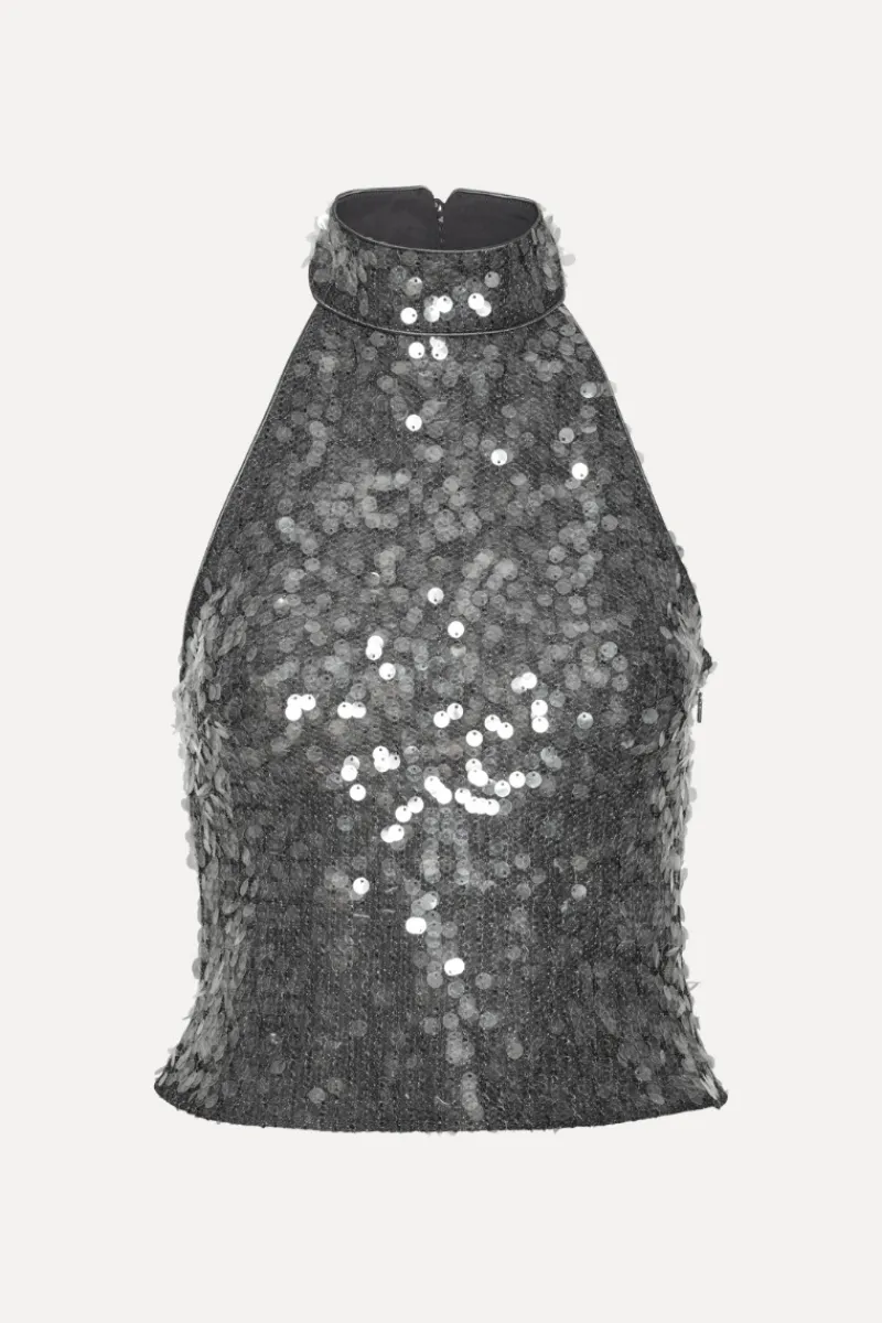 Tops-ROTATE Birger Christensen Net Sequin Halterneck Dark Grey BlackenedPearl (Dark Gray) color