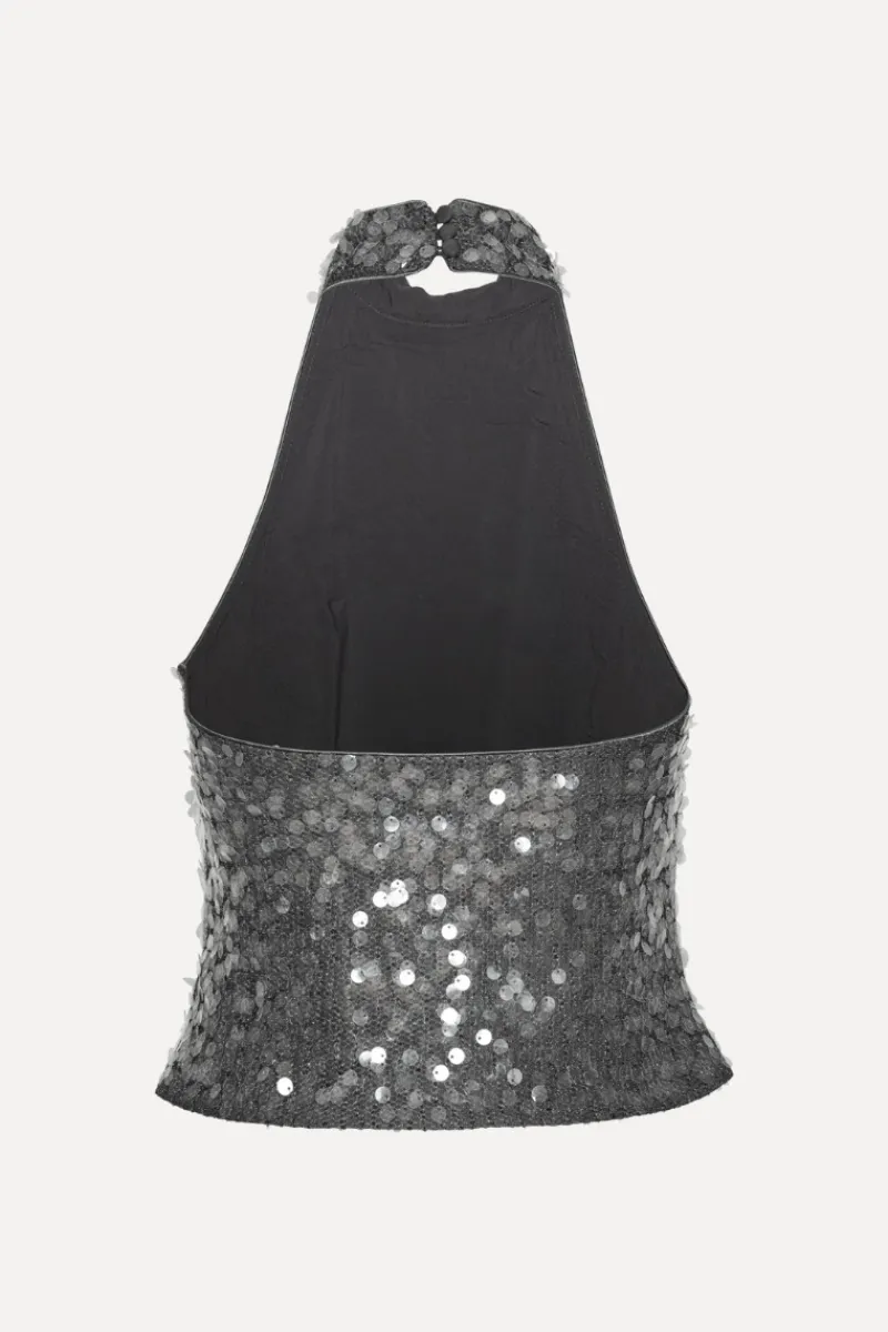 Tops-ROTATE Birger Christensen Net Sequin Halterneck Dark Grey BlackenedPearl (Dark Gray) color