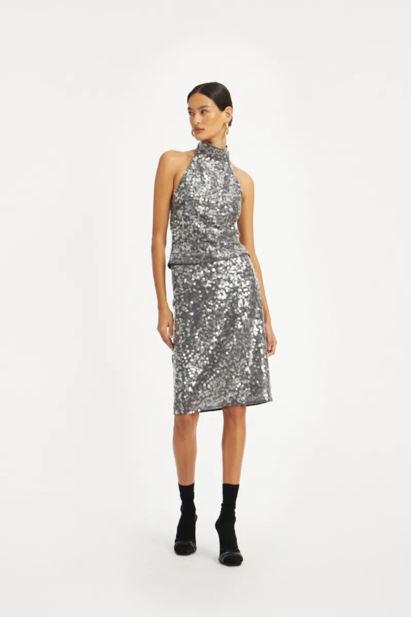 Skirts-ROTATE Birger Christensen Net Sequin Midi Skirt Dark Grey BlackenedPearl (Dark Gray) color