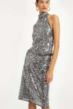 Skirts-ROTATE Birger Christensen Net Sequin Midi Skirt Dark Grey BlackenedPearl (Dark Gray) color