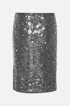 Skirts-ROTATE Birger Christensen Net Sequin Midi Skirt Dark Grey BlackenedPearl (Dark Gray) color