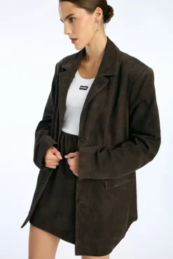 Tops|Outerwear-ROTATE Birger Christensen Oversized Suede Blazer Chocolate Brown Chocolate Brown color