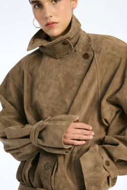 Outerwear-ROTATE Birger Christensen Oversized Suede Jacket Brown Morel color