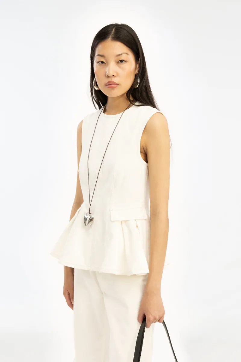 Tops-ROTATE Birger Christensen Peplum Denim Top White Denim Raw White Denim color