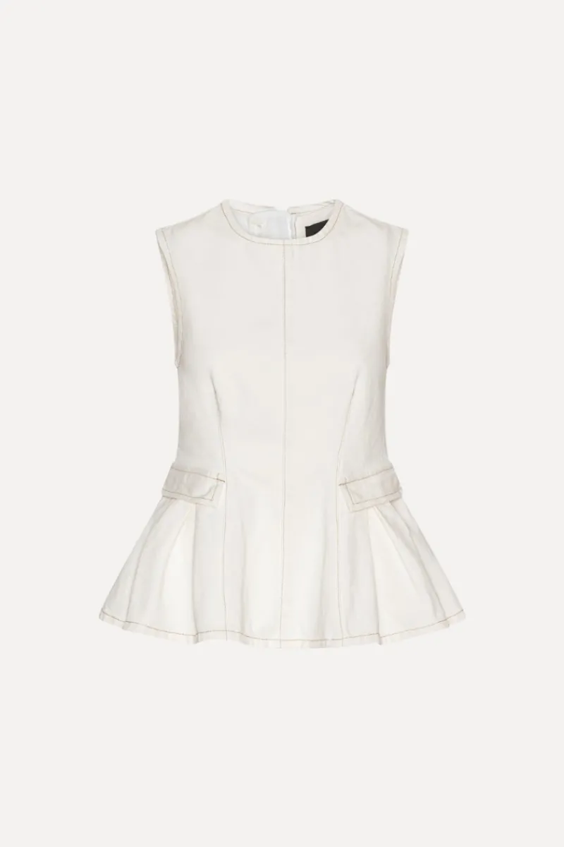 Tops-ROTATE Birger Christensen Peplum Denim Top White Denim Raw White Denim color