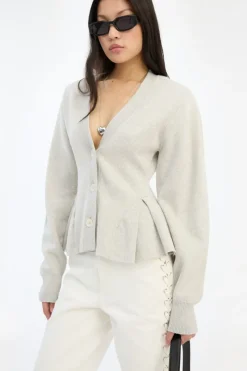 Tops|Knitwear-ROTATE Birger Christensen Peplum Knit Cardigan Grey Melange Pumice Stone color