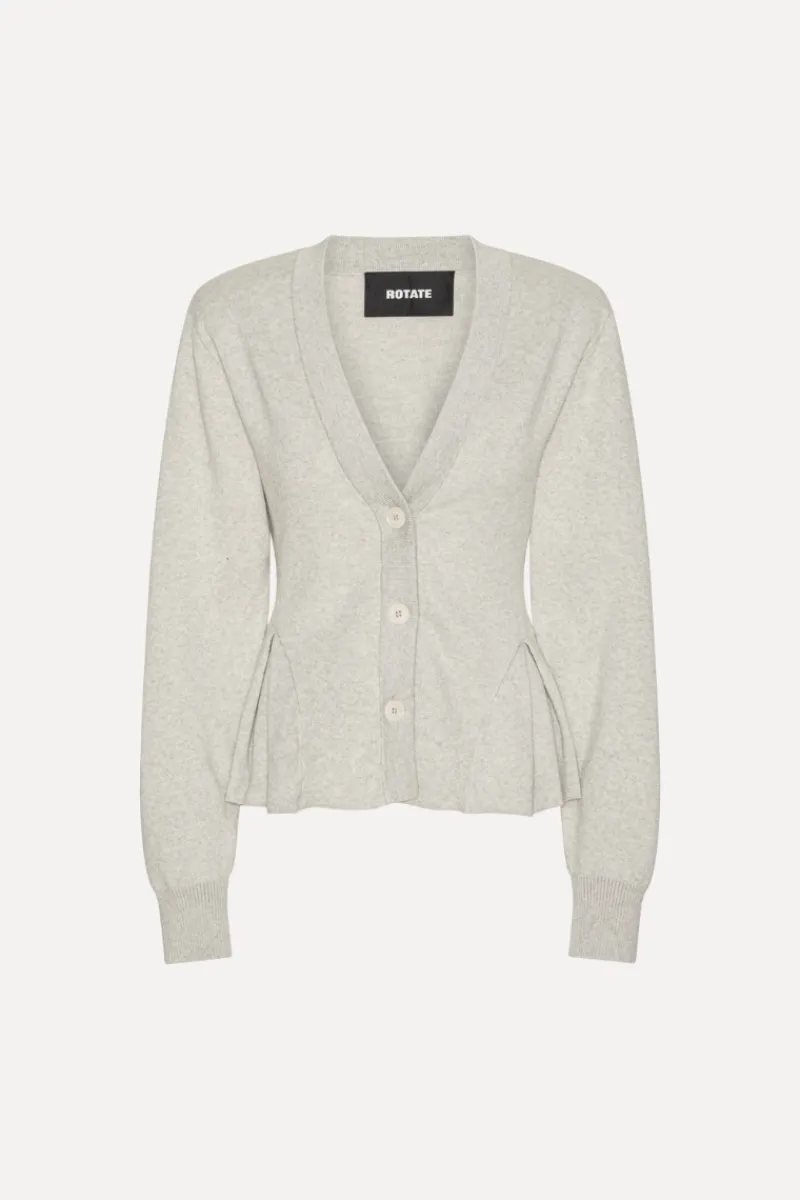 Tops|Knitwear-ROTATE Birger Christensen Peplum Knit Cardigan Grey Melange Pumice Stone color