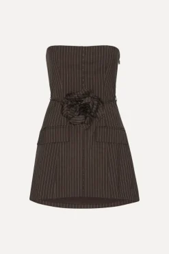Mini Dresses|Tops-ROTATE Birger Christensen Pinstripe Belted Long Top Dark Brown Chicory Coffee Comb. color