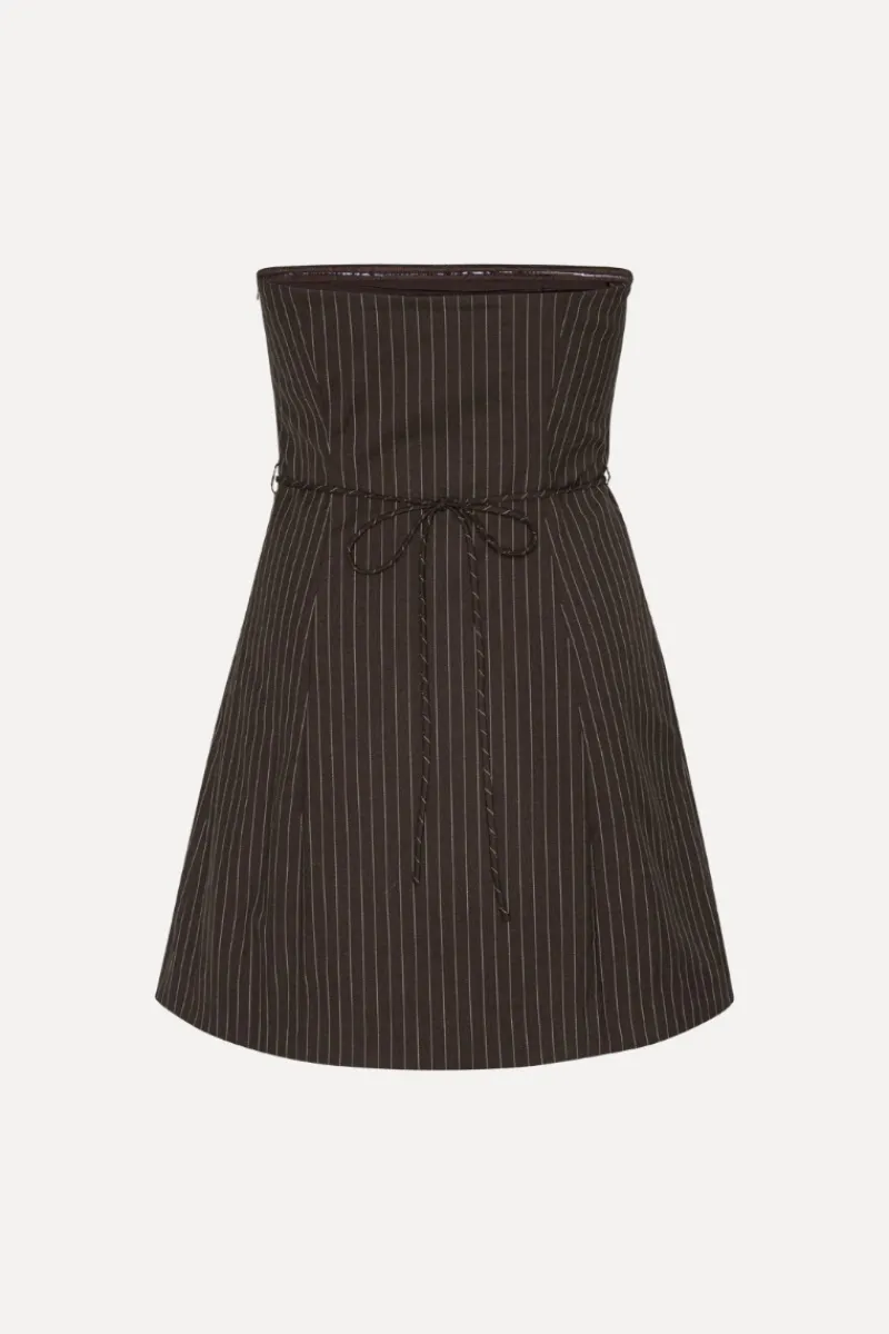 Mini Dresses|Tops-ROTATE Birger Christensen Pinstripe Belted Long Top Dark Brown Chicory Coffee Comb. color